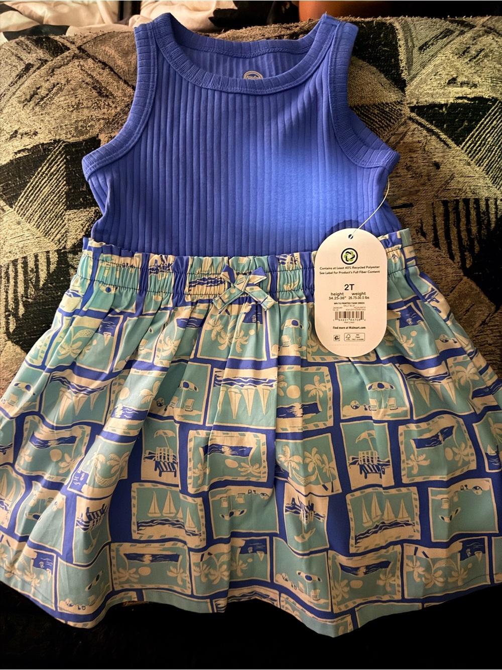wonder nation Blue Ribbed Tank with Aqua & Blue Patterned Skirt